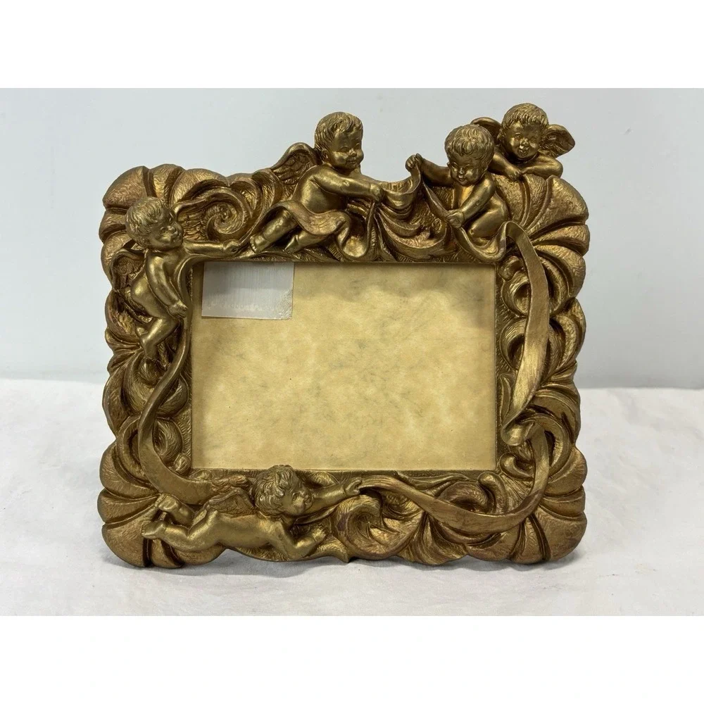 Vtg Resin Gold Cherub And Ribbons Picture Frame 3.5x5 Photo Ornate Rococo Style